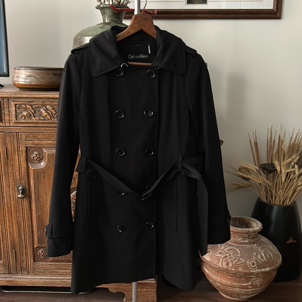 Calvin Klein Classic Black Trench Coat Removable Fleece Lining - Picture 2 of 16